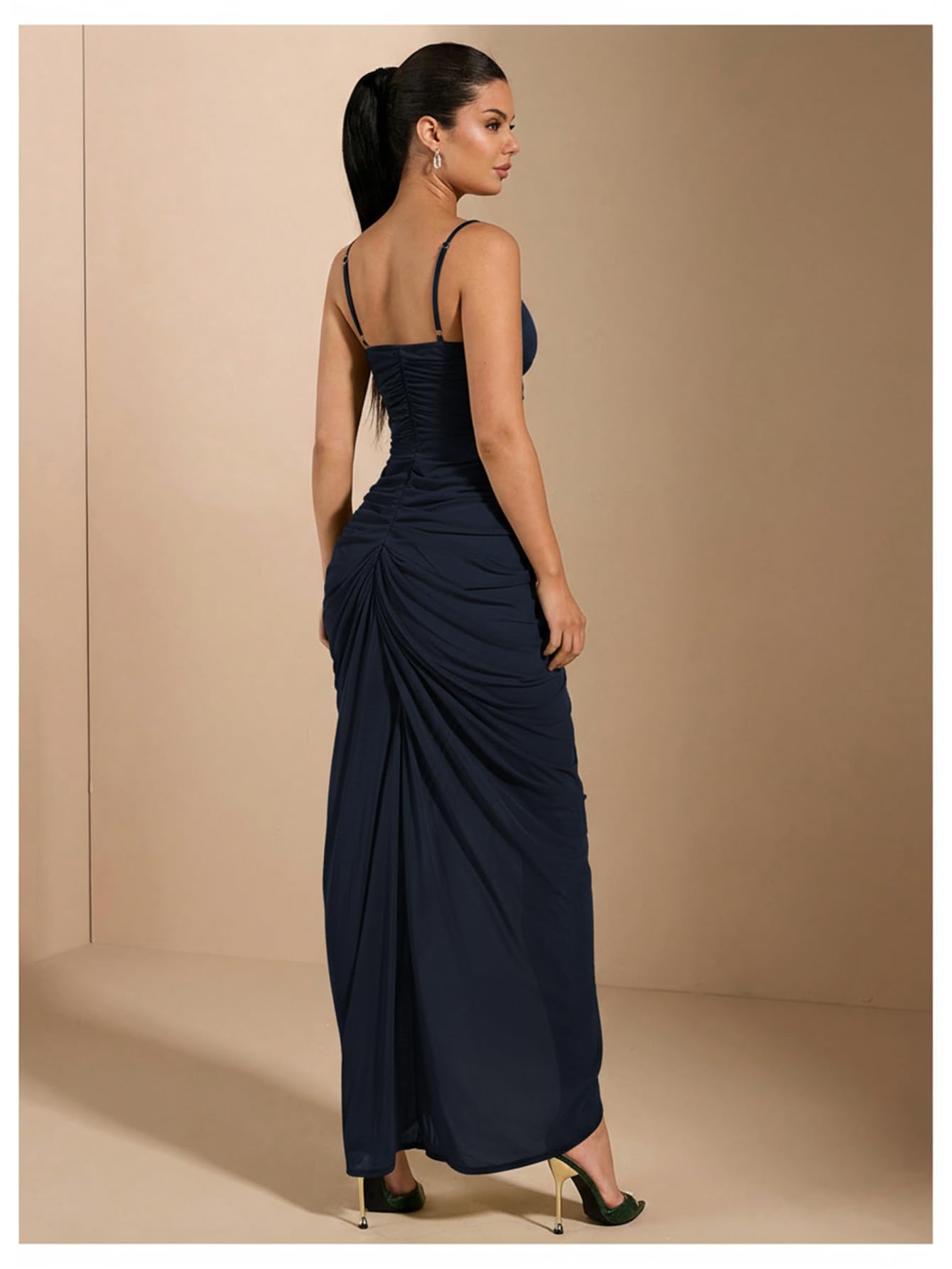 Condition photo showing As Is for floerns women's ruffle ruched cami dress draped split elegant bodycon maxi dresses dark blue x-large