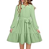 blibean Tween Girls Semi Formal Long Sleeve Dresses with Belt Size 6-15 Years