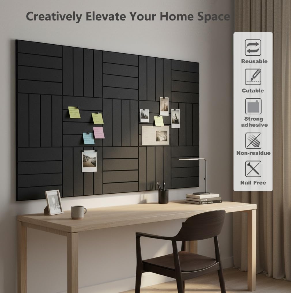 G Gamit Large Felt Wall Tiles Bulletin Board 59”x36”,Large Cork Board Alternative with 60 Pushpins, 15-Pack Felt Pin Board with 112 Safe Removable Adhesive Tabs for Home Office School (Black)