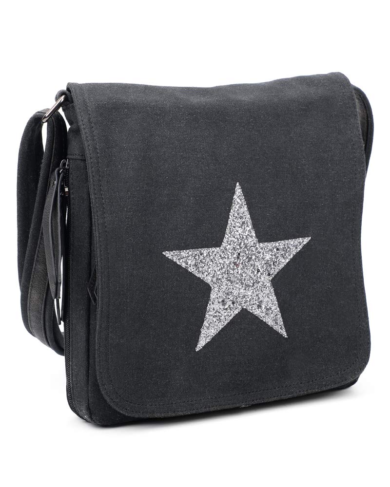 Women Sparkling Glitter Golden Star Shoulder Bag Travel Cross Body Bag Casual Messenger Bag Perfect for Casual Work Or School Use（Black)