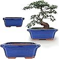 MUZHI 3 Pack Ceramic Rectangular Bonsai Tree Planter Pot Set 6”+7”+9”, Cactus Succulent Planter Blue Glazed with Mesh Hole Screens