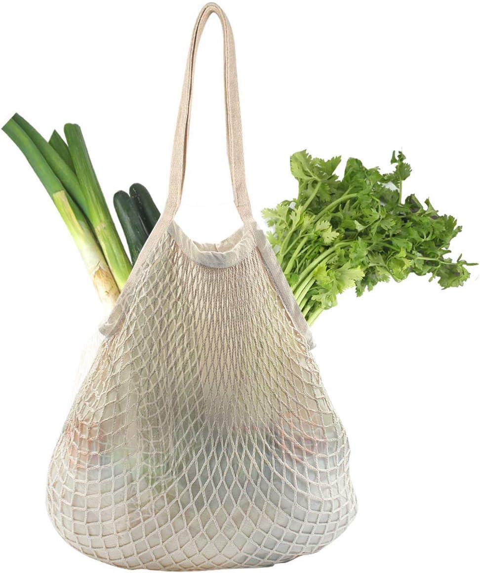 Natuce Net Shopping Bag, Reusable Mesh Cotton Tote String Bag Portable Handbag with Insider Lining for Fruits, Grocery, Toys (Beige)