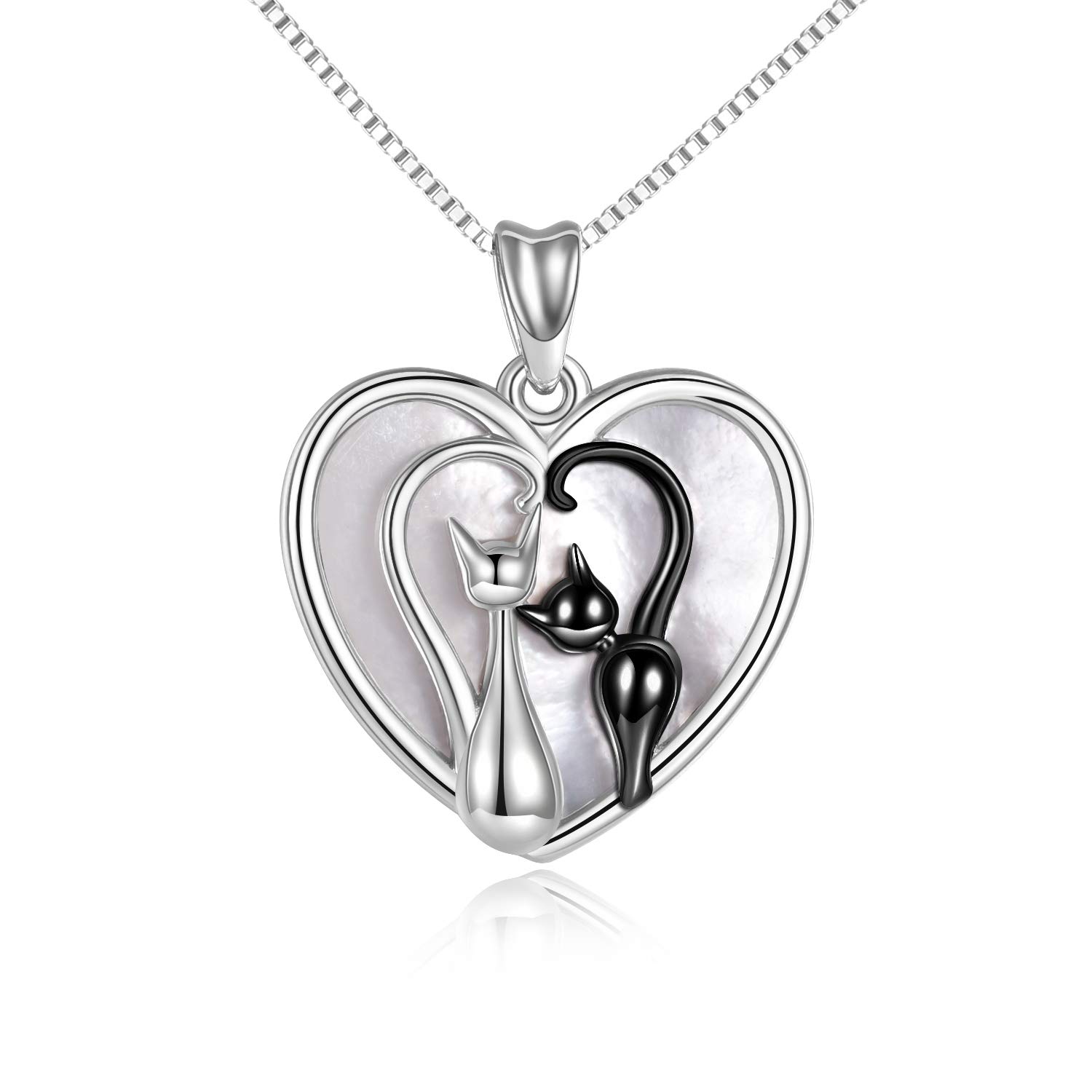 YFN Cat Charms with Shell Necklace Sterling Silver Mother and Daughter Necklace Gifts (Black Kitten Pendant)
