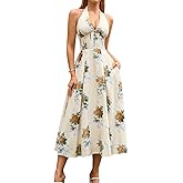 GLNEGE Floral Halter Corset Midi Sun Dress V Neck Bow Tie Smocked Back Flowy Wedding Guest Dresses for Women with Pockets