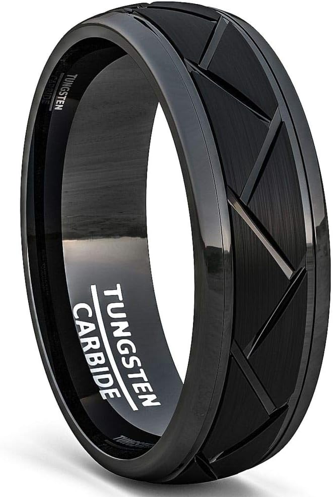 Duke Collections 8mm Black Gunmetal Tungsten Carbide Ring Tire Tread Motorcycle Rings for Men Durable Matte Brushed Zigzag Groove Line Mens Wedding Band Comfort Fit
