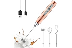 YUSWKO Rose Gold Handheld Milk Frother Wand for Coffee, Rechargeable Electric Whisk with 3 Heads 3 Speeds Drink Mixer Coffee 
