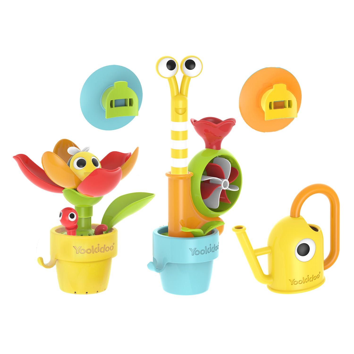 Yookidoo Toddler Baby Bath Toy (Ages 1-3) Garden Adventure Set Bundle: Snail & Flower with Watering Can (Mold Free) Attach to Any Tub or Shower Fun for Bath Time - Great for Boys , Girls , & Kids