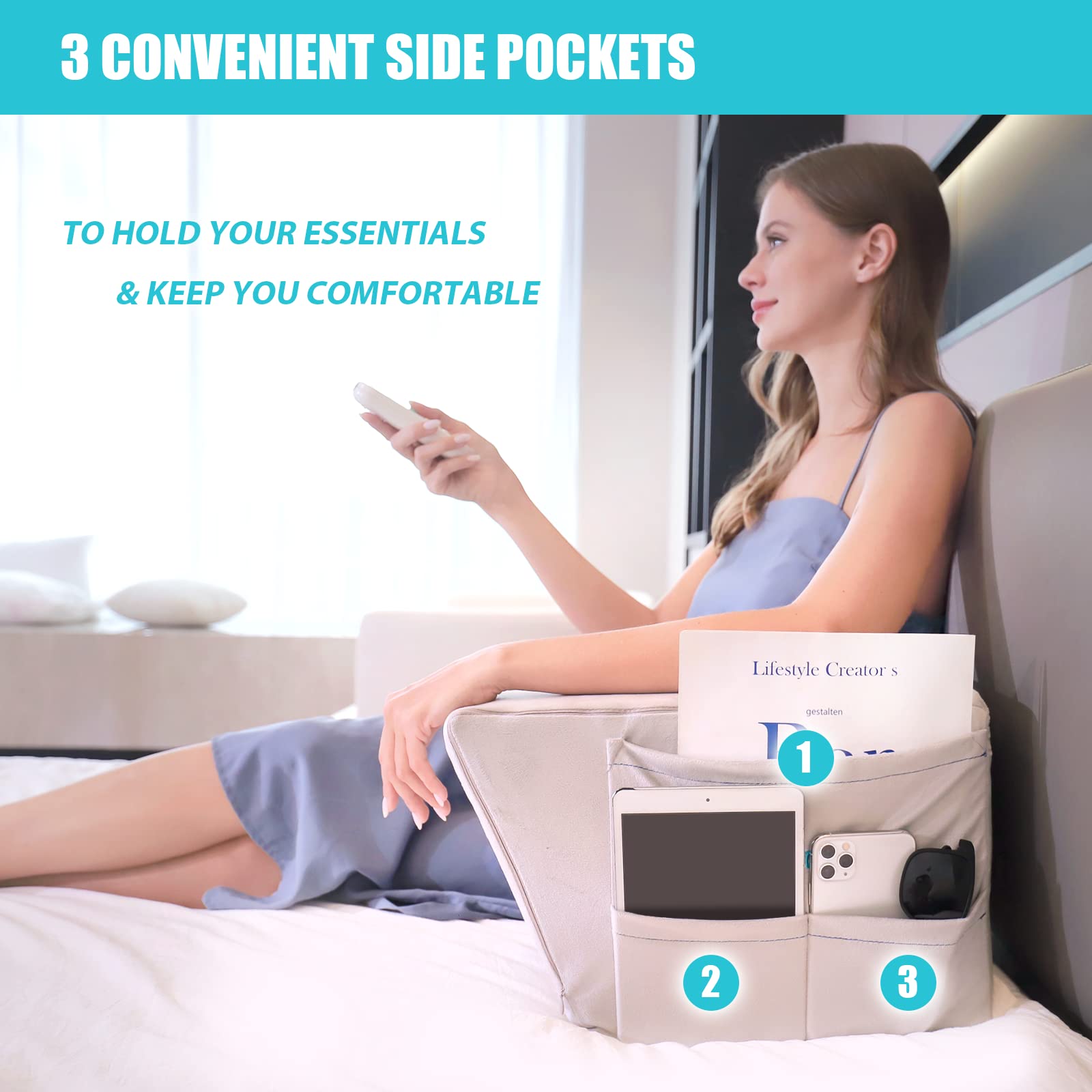 Lisenwood Foam Bed Wedge Pillow, Adult Reading Pillow & Sit Up Pillows for Bed, Arm Support Pillow for Sitting Up in Bed/Couch, Angled Bed Pillow for Relaxing, Gaming, Reading, Watching TV Gray