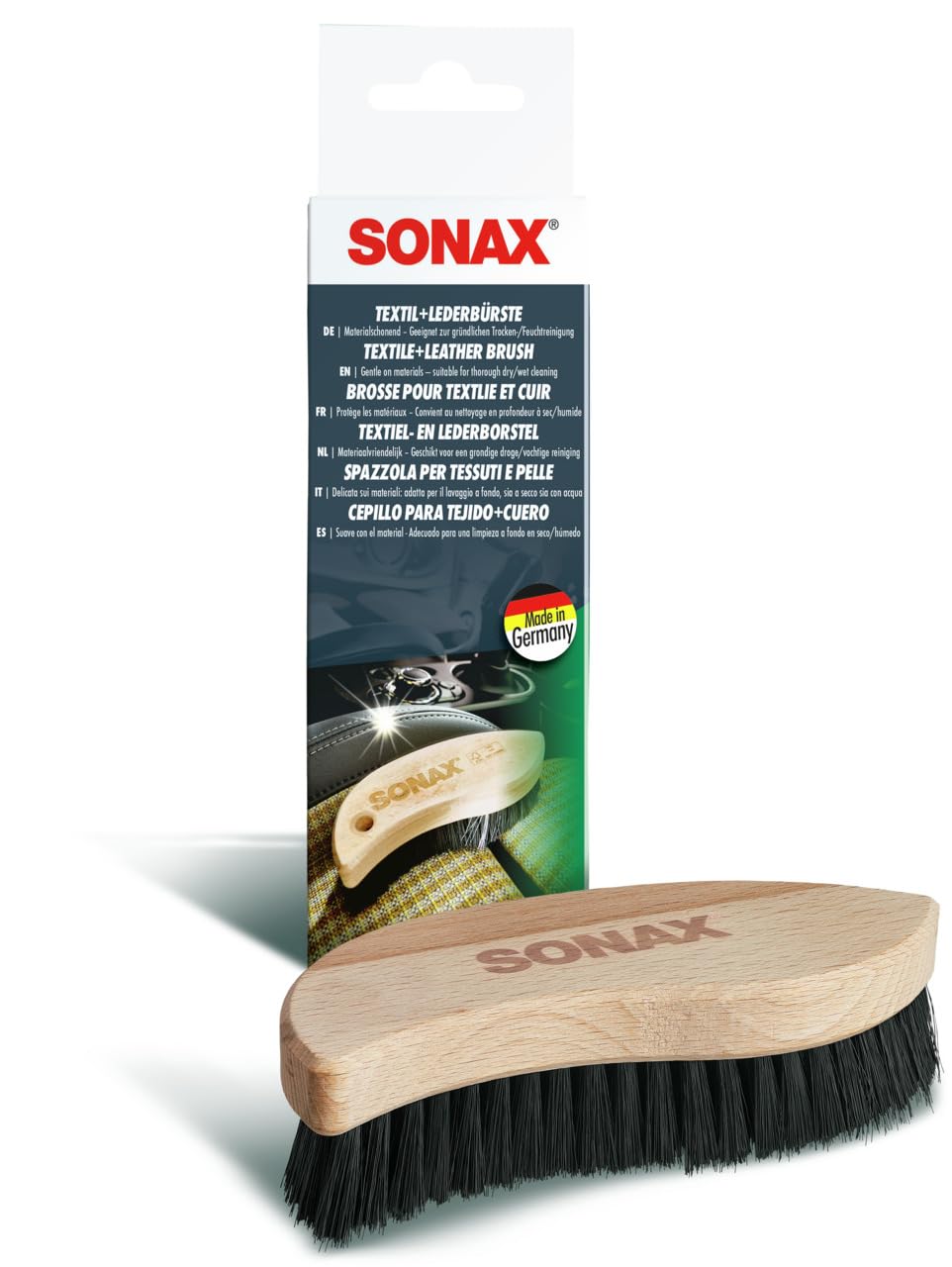 SONAX TEXTILE & LEATHER BRUSH (1 piece) - for the dry and wet cleaning of textiles and for the thorough and gentle cleaning of smooth leather surfaces | Item No. 04167410