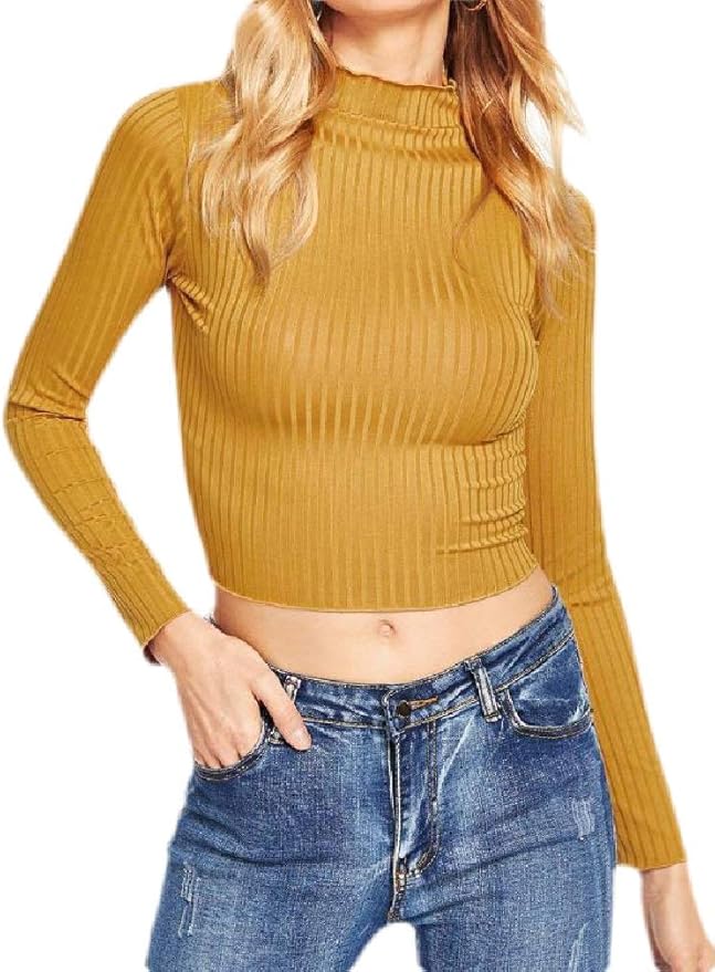 H&E Women's Sexy Solid Color Turtleneck Long Sleeve Knit Crop Tops T