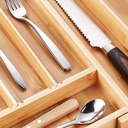 DEIK Bamboo Drawer Organizer, Expandable Cutlery Tray and Utensil Organizers Tray, Adjustable Kitchen Drawer Divider, Flatware and Silverware Cutlery Drawer for Utensil Storage