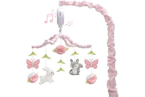 NICEMER Baby Crib Mobile for Girls, Soft Knitted Woodland Characters Rabbit Squirrel, Pink and White Nursery Decor, Calming Soother with 12 Lullabies Essential and Perfect Gift for Girls