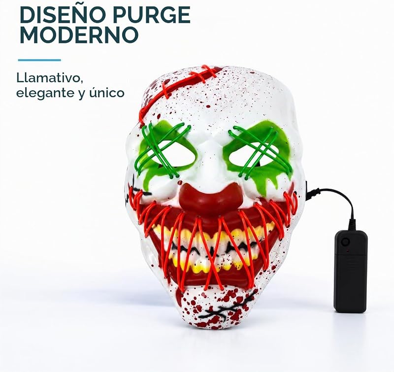 Máscara LED de Palhaço de Halloween - Controlável a partir de Purge, Rosto Luminoso, para Halloween, Vestido Elegante e Carnaval como Fantasia para Homens e Mulheres (Escolha de — foto 5 de 6