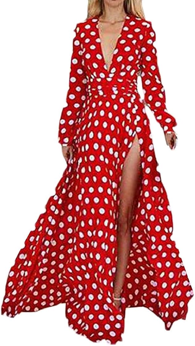 Hadudu Womens Bandage V Neck Beach Slit Bohemia Polka Dot Trendy Swing Maxi Dresses