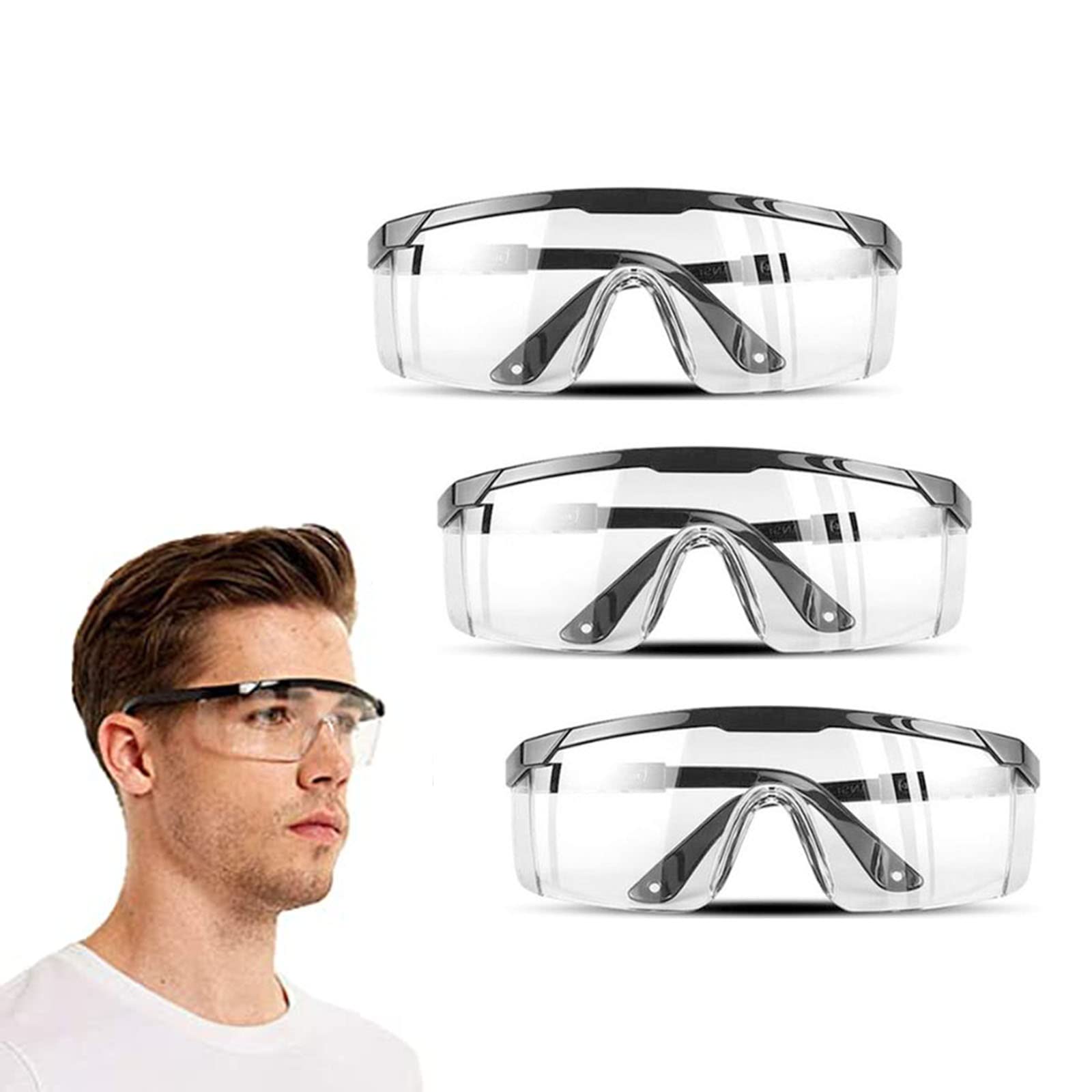 WSHuayee 3 Pcs Safety Glasses UV Protection Glasses Adjustable Wide-Vision Protective Glasses Airsoft Goggles for DIY,Lab,Welding,Chemistry,Personal Use