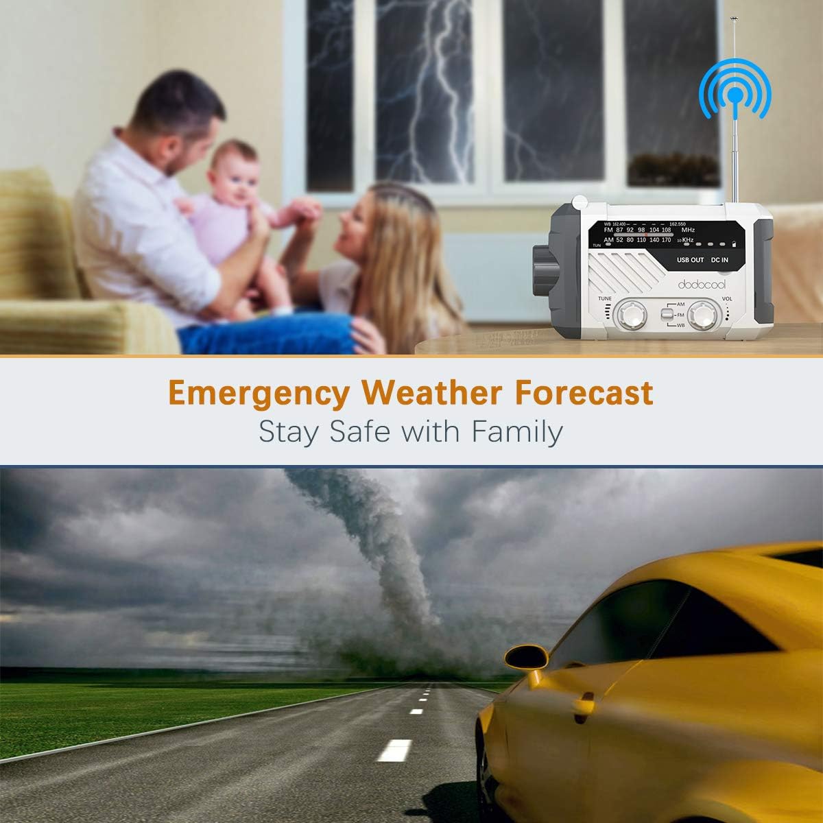 Emergency Radio, dodocool NOAA Weather Radio, Hurricane Supplies Hand Crank Battery Operated Solar Survival Radio with AM/FM, LED Flashlight, Reading Lamp, 2000mAh Cell Phone Charger, SOS Alert: Home Audio & Theater