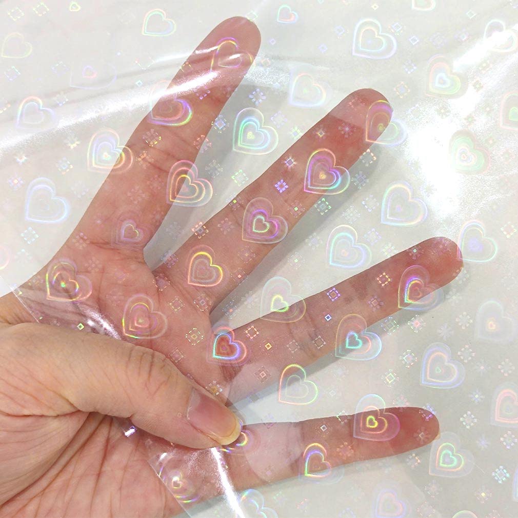 XHT Holographic Clear PVC Vinyl, 30 x 135 cm Iridescent Laminate Transparent Waterproof Vinyl Film (Heart)