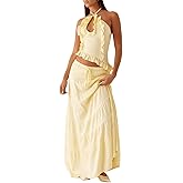 Argeousgor Women Y2K Maxi Skirt Set Sleeveless Halter Ruched Cami Top Flowy Long Skirt Mesh 2 Piece Outfts Beachwear