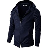 Ohoo Mens 100% Cotton Hoodie Two Way Zipper Slim Fit Wide Hood Thin Lightweight Full Zip Hooded Sweatshirt