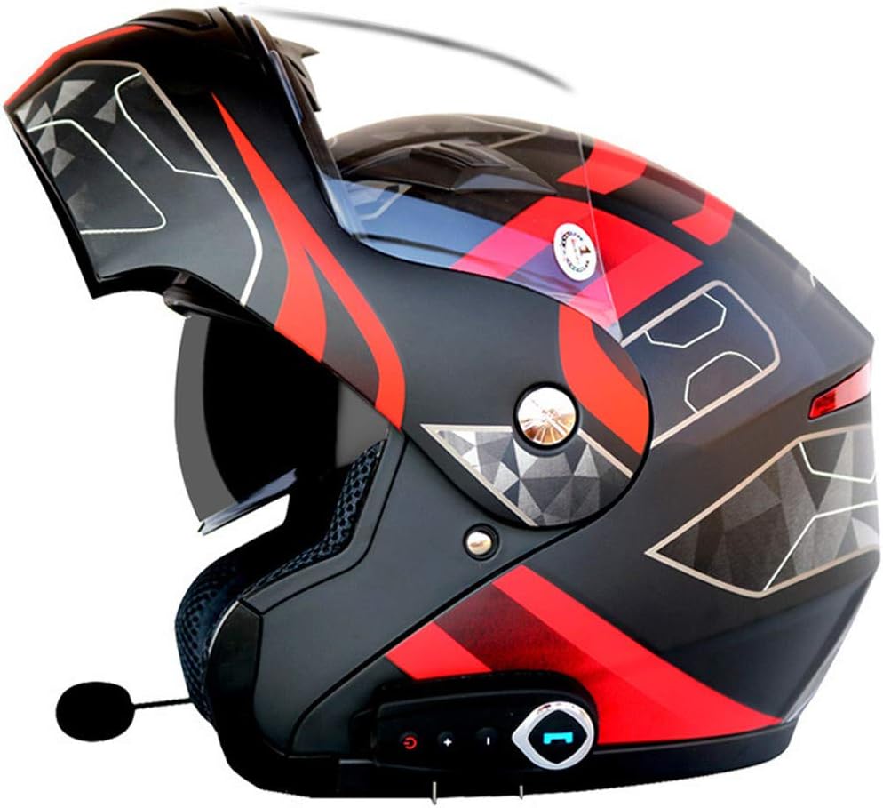 Oeyal Full Face Motorcycle Street Bike Helmet Anti-Fog Flip up Dual Visors Motorcross Helmets with w/Bluetooth, MP3, GPS (XX-Large, Matte Black-Red)