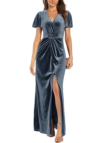 Simplee Women's Twist Front V Neck Velvet Maxi Dress Short Sleeve Fall  Wedding Guest Long Semi Formal Dress with Slit in Dubai - UAE | Whizz Formal