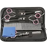 Sunplustrade Dog Cat Grooming Scissor Set - Thinning, Straight, Curved Shears With Comb, Durable Stainless Steel, Provided With Storage Pouch