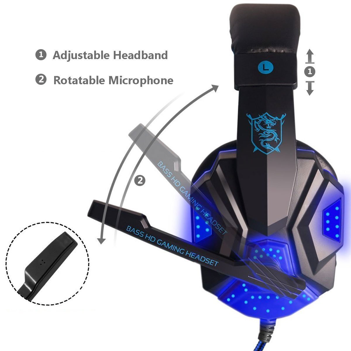 Gaming Headset for PS4 Xbox One, hyfanda Over Ear Gaming Headphones with Mic, Stereo Bass Surround, Noise Reduction, LED Lights and Volume Control for Laptop, PC, Mac, iPad, Smartphones (Blackblue)