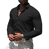 RPOVIG Men's Muscle Dress Shirts:Casual Button Down Long Sleeve Elasticity Athletic Fit Wrinkle-Free Shirt