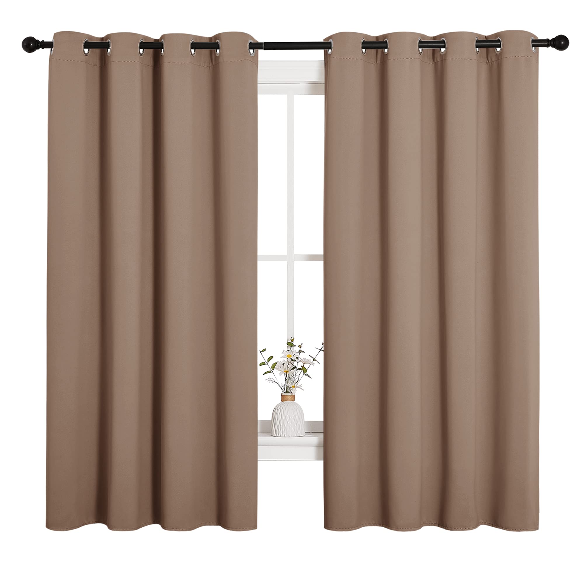 Photo 1 of NICETOWN Blackout Window Curtains and Drapes for Kitchen, Window Treatment Thermal Insulated Solid Grommet Blackout Drapery Panels (Set of 2, 55 by 68 inches, Cappuccino)
