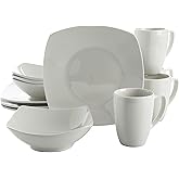 Gibson Home Amelia Court Porcelain Chip and Scratch Resistant Dinnerware set, Service for 4 (12pcs), White (Soft Square)
