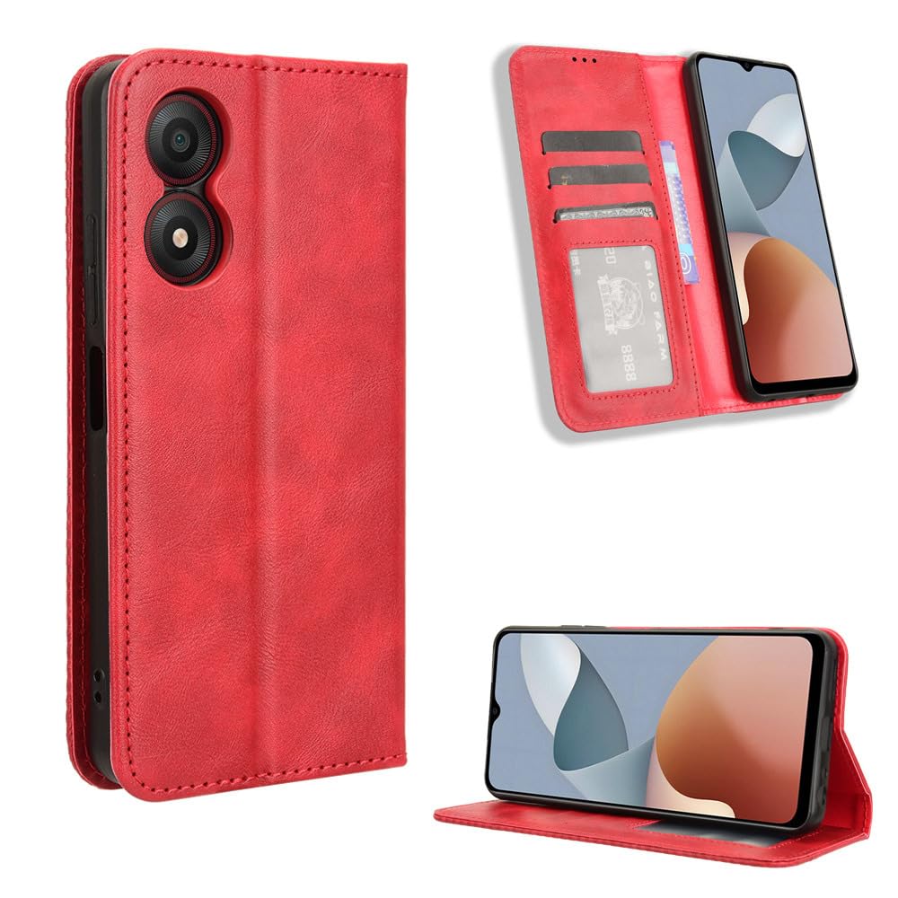 COMAKU Compatible with ZTE Blade A34 Case Leather - Flip Cover Protection magnetic Phone Case wallet with Card Holder - Red