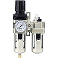 SNS 1/4" NPT Compressed Air Filter Regulator Lubricator Two Units Combo FRL Water/Oil Trap Separator, Semi-auto Drain, Gauge and Bracket, Poly Bowl with Metal Guard AC3010-N02A