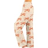 Cute Womens Fall Pajamas Flannel Elastic Waist Wide Leg Bow Pajamas Casual Loose Thermal Cozy Pink Pajama Pants