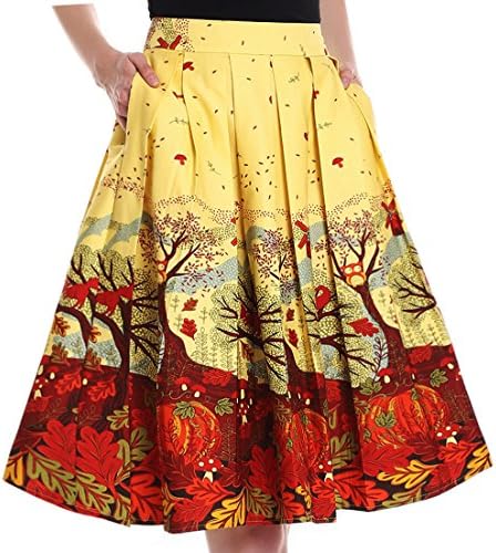 Yige Women's Vintage High Waist Flared Skirt Pleated Floral Print Midi Skirt with Pocket