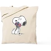 CafePress Snoopy With A Flower Bouquet Natural Canvas Tote Bag, Reusable Shopping Bag