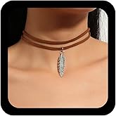 Ximdble Vintage Layered Brown Velvet Choker Necklace Feather Pendant Necklace Silver Feather Choker Necklace Short Brown Leather Necklace Boho Suede Clavicle Necklace Jewelry for Women