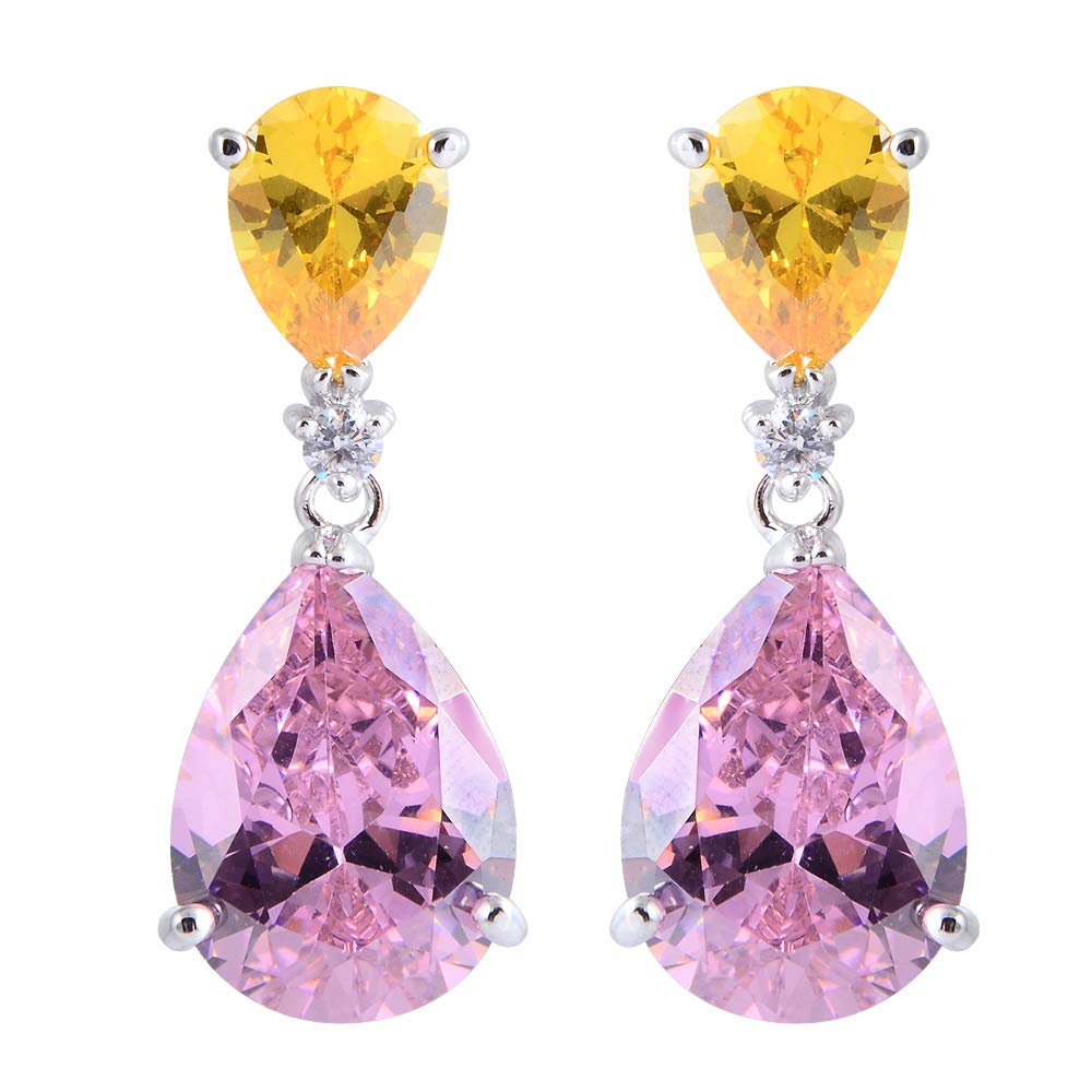 [RIZILIA CELEBOX] Teardrop Dangle Pierced Earrings with Pear Cut Gemstones CZ [Yellow Citrine & Pink Sapphire] in 18K White Gold Plated, Celebrity inspired by Angelina Jolie