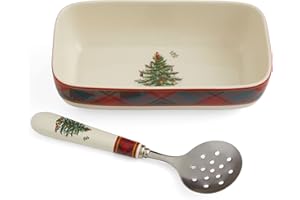 Spode Christmas Tree Tartan Cranberry Sauce Serving Dish with Slotted Spoon (8"x 4.25") - Rectangular Holiday Server with Pla