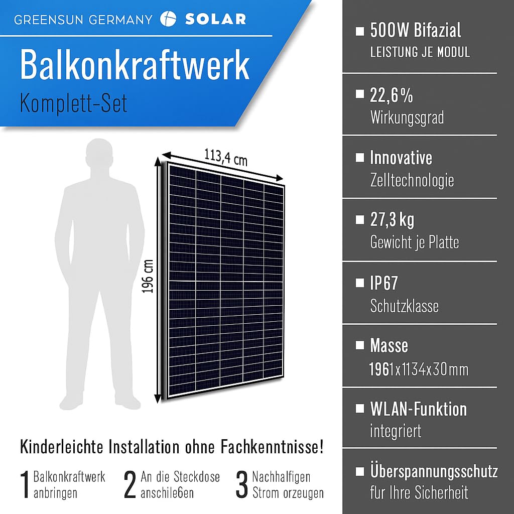 Balkonkraftwerk 1000W Solaranlage Komplettset mit 800W Marstek Micro Wechselrichter WiFi, 2X 500W Bifazial Solarmodule Black Frame für Haus Dach Terrasse Garten PV Anlage 2