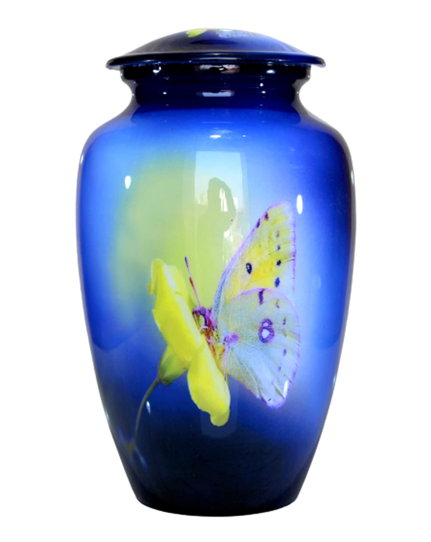 eSplanade Metal Cremation Urn Memorial Jar Pot Container | Full Size Urn for Funeral Ashes Burial | Yellow Butterfly Print | Blue - 10" Inches