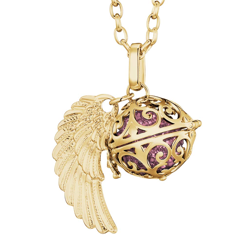 Morella Women Necklace Golden Stainless Steel 70 cm 27,5" with Ornament with Angel Wing Pendant with Sound Ball Zirconia Pink Ø 16 mm 0,63" in a Velvet Jewelry Bag
