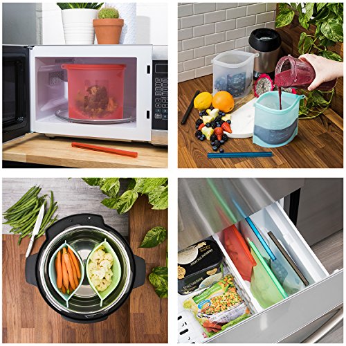 Reusable Silicone Food Storage Bags with Cleaning Scrubber Sponge - Fits Instant Pot, Accessories 8qt - Safe to Steam, Heat, Boil, Freeze, Sous Vide Cooking - Airtight Lunch Snack Container - Set 4+1