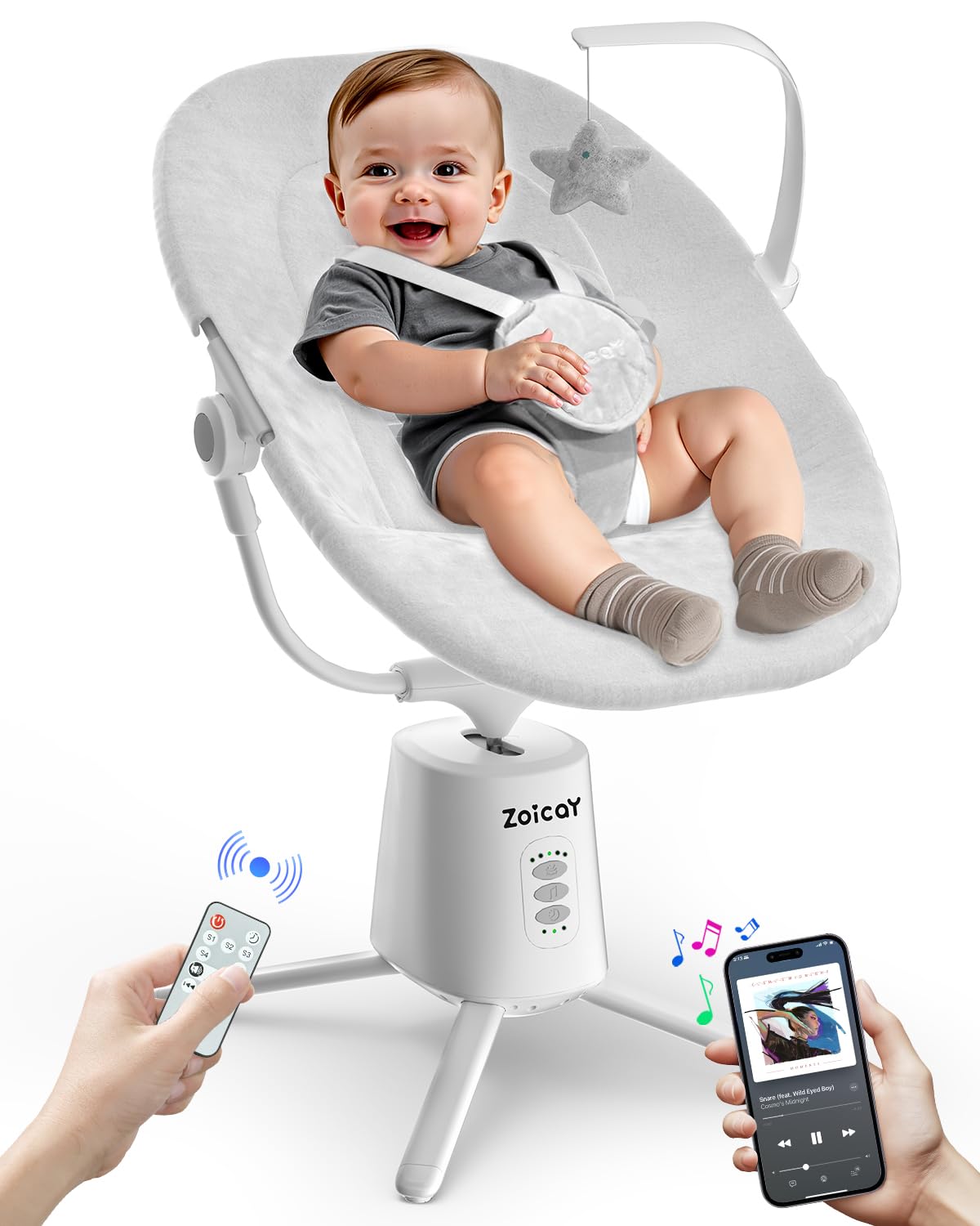 Photo 1 of Zoicay Baby Swing,Baby Swings for Infants with 3 Modes & 5 Speeds, BT Enabled App & Remote Control, Electric Swing – 6 Lullabies and 3 Timer Setting, 2 Seat Positions and 5-Point Harness Swing (White)