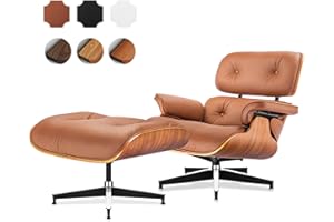 Asukale Top Grain Leather, Mid Century Chaise Lounge Chair and Ottoman, Modern Chair Classic Design, Heavy Duty Base Support for Living Room Study Lounge Office, Walnut-Brown, Heightening