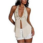Verdusa Women's Sequin Beaded Boho Halter Tops Rave Club Tie Backless Babydoll Tops