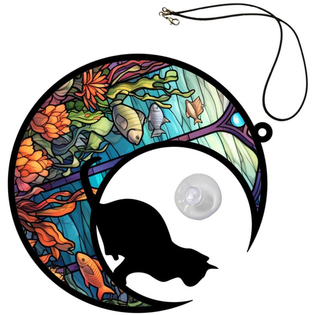 HOMSFOU Acrylic Cat Pendant Window Hanging Ornament Stained Moon Cat Decor for Home Garden Wall Art with Hanging Rope and Sucker Hook