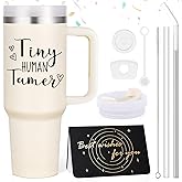 Lifecapido Daycare Teacher Gifts, 40 Oz Great Tiny Human Tamer Tumbler with Handle, Christmas Birthday Daycare Provider Gifts for Preschool Kindegarten Teacher Appreciation(Cream)