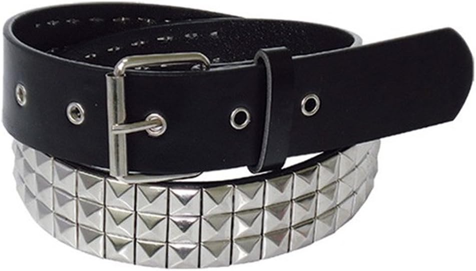 Ladies/Gents Black Bonded Leather 3 Row Silver Pyramid Studded Belt. Silver Coloured Buckle. Punk Goth Emo Rock (33" - 37" (85cm - 95cm))
