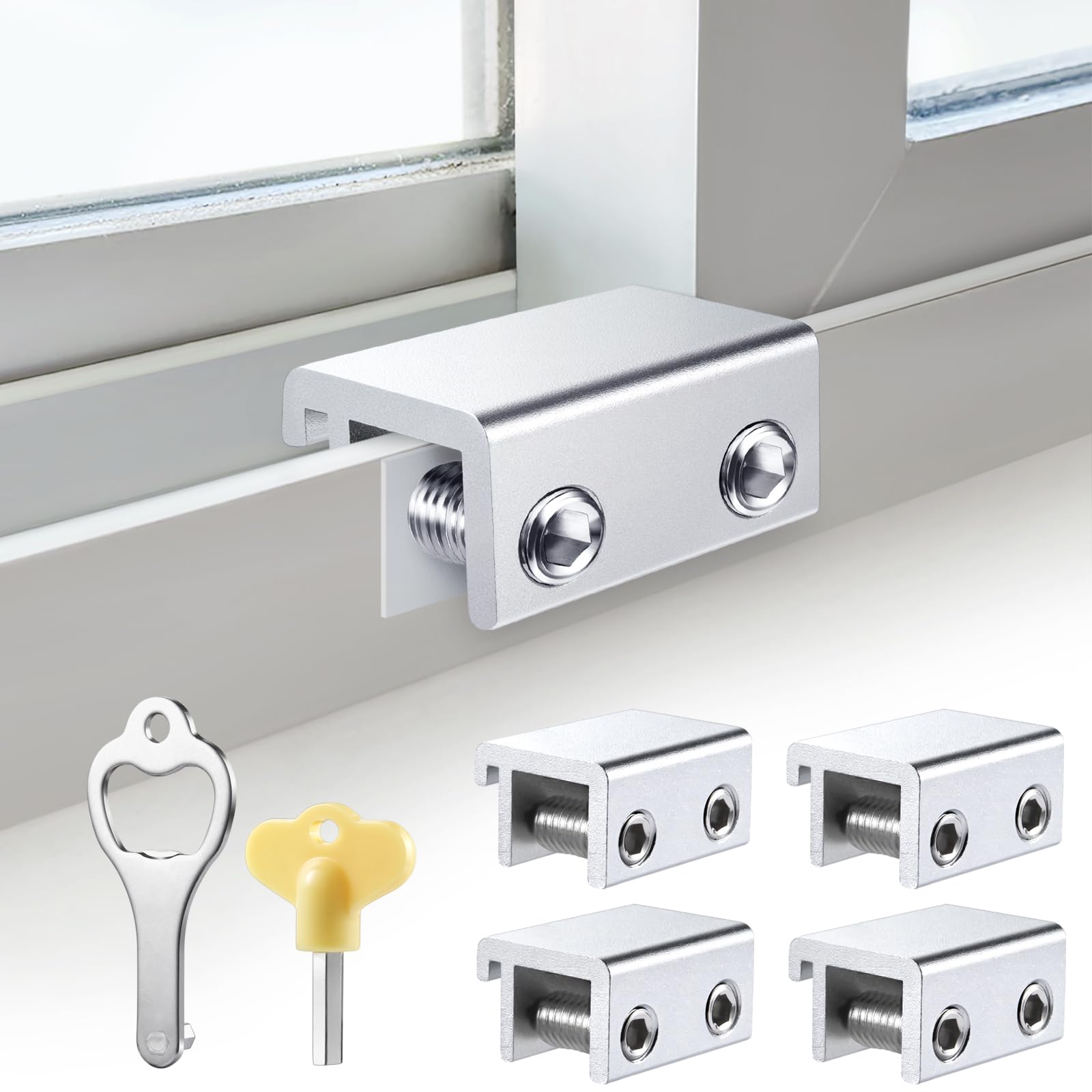 Photo 1 of Sliding Window Locks (4 Sets), Security Window Locks with Keys, Adjustable Aluminum Sliding Window Stops, Easy Installation Without Drilling, for Vertical and Horizontal Sliding Windows (Silver)