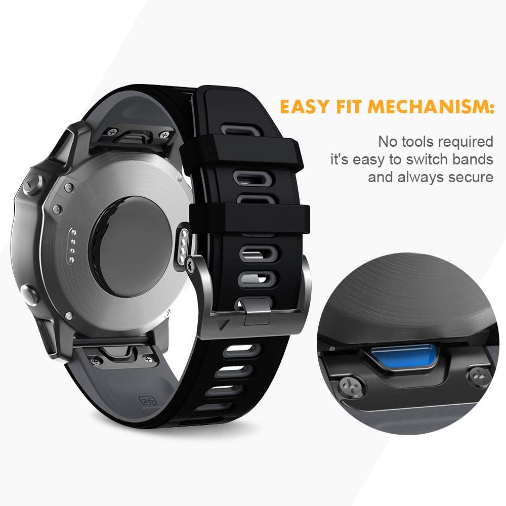 NotoCity for Fenix 5X Strap 26mm Width Soft Silicone Replacement Band Watch Strap for Fenix 5X Plus/Fenix 6X/Fenix 6X Pro/Fenix 7X/Fenix 3/Fenix 3 HR/Descent MK1(black-gray) - Image 5